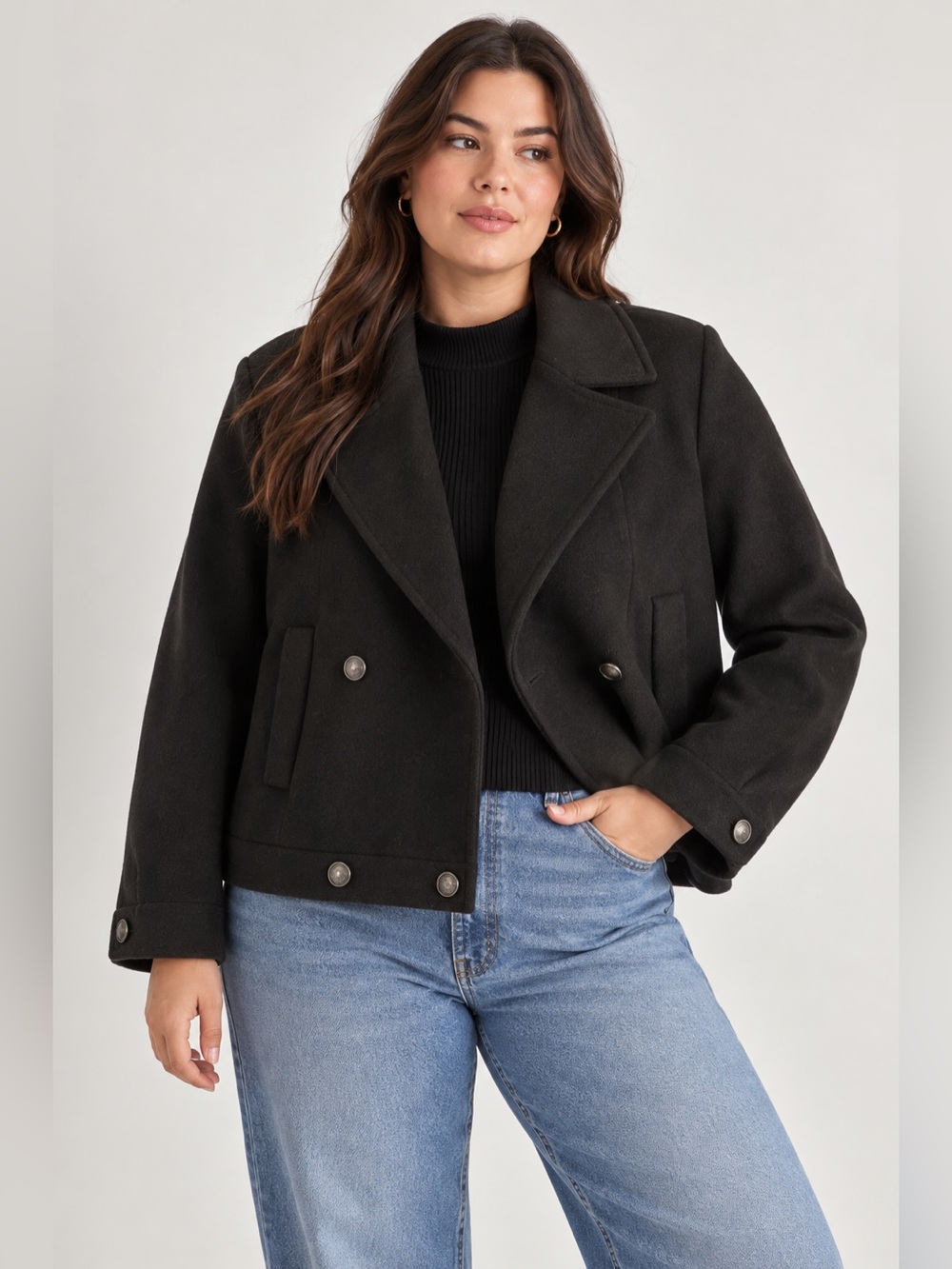 NVLT Retro Modern Women's Black Double-Breasted Pea Coat with Wide Lapels